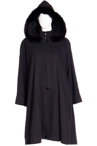 1980s Revillon All Weather Soft Black Coat W Hood &  Fur Lining & Trim