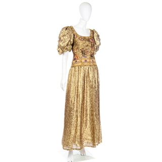 1980s Richilene Gold Lame Tissue Silk Leopard Print Beaded Evening Dress Large