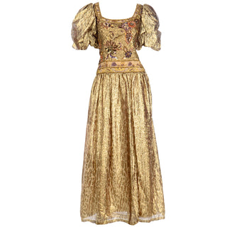1980s Richilene Gold Lame Tissue Silk Leopard Print Beaded Evening Dress made in the USA
