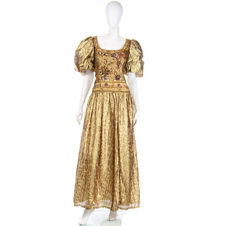 1980s Richilene Gold Lame Tissue Silk Leopard Print Beaded Evening Dress 12