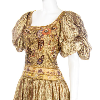 1980s Richilene Gold Lame Tissue Silk Leopard Print Beaded Evening Dress w Puffy Sleeves