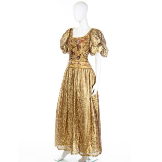1980s Richilene Gold Lame Tissue Silk Leopard Print Beaded Evening Dress Gown