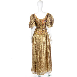 1980s Richilene Gold Lame Tissue Silk Leopard Print Beaded Evening Dress Gown size 12