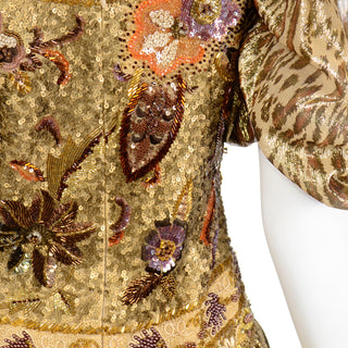 1980s Richilene Gold Lame Tissue Silk Leopard Print Beaded Evening Dress Sequins & beads