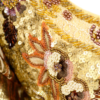 1980s Richilene Gold Lame Tissue Silk Leopard Print Beaded Evening Dress Sequins