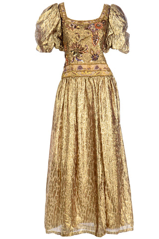 1980s Richilene Gold Lame Tissue Silk Leopard Print Beaded Evening Dress