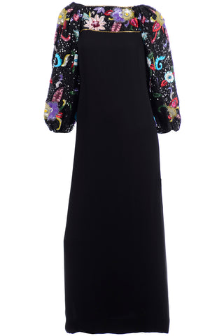 1980s Richilene Vintage Black Evening Dress w Multicolored Beads & Sequins
