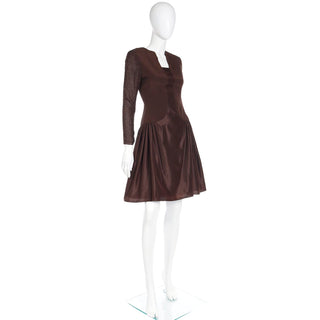 1980s Vintage Richilene Brown Satin Beaded Drop Waist Evening Dress