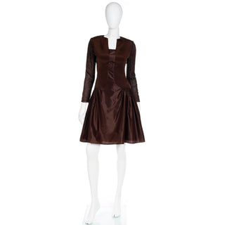 1980s Vintage Richilene Brown Satin Beaded Evening Dress S