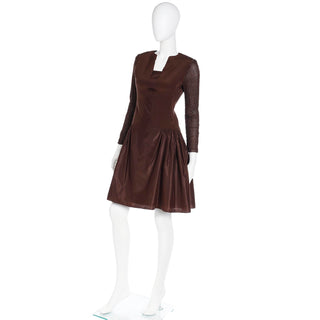 1980s Vintage Richilene Brown Satin Beaded Evening Dress with Taffeta Skirt