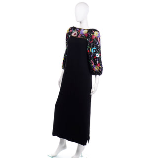 1980s Richilene Vintage Black Evening Dress full length w Multicolored Beads & Sequins