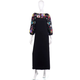Richilene Vintage Black Evening Dress w Multicolored Beads & Sequins