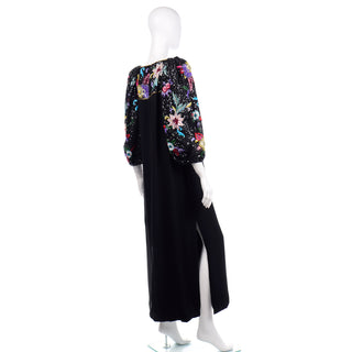 1980s Richilene Vintage Black Evening Dress w Multicolored Beads & Sequins with balloon sleeves