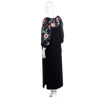 1980s Richilene Vintage Black Evening Dress w Multicolored Beads & Sequins statement balloon sleeves