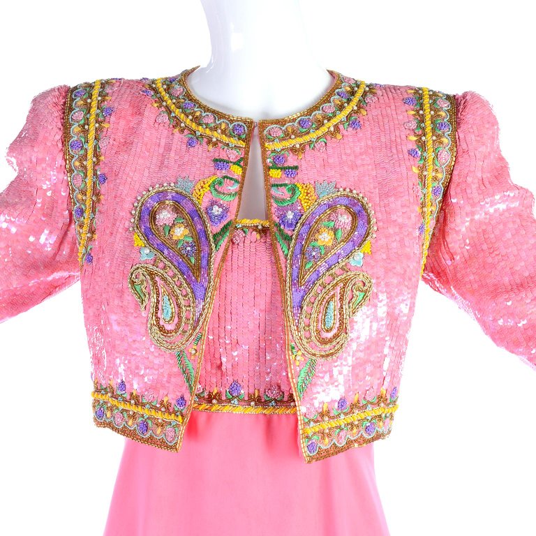 Richilene Pink Chiffon Vintage Dress w/ Beaded Sequined Cropped Jacket Modig Richilene Pink Chiffon Vintage Dress w/ Beaded Sequined Cropped Jacket Modig