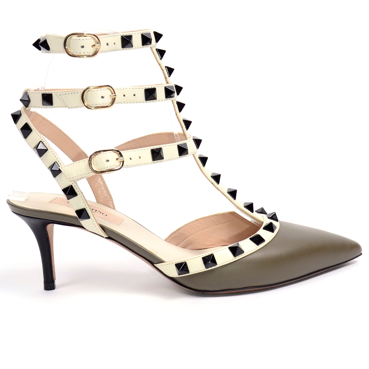 Green Valentino Rockstud Shoes w Cage Triple Ankle Straps & Low