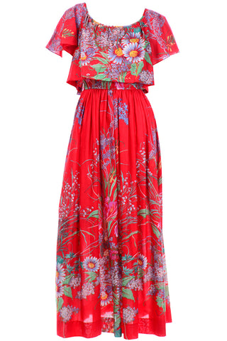Red Floral Cotton Vintage 1970s Maxi Dress