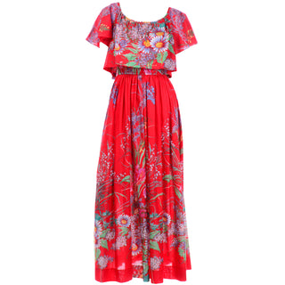 Red Floral Cotton Vintage 1970s Maxi Dress Rona