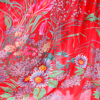 Red Floral Cotton Vintage 1970s Maxi Dress Bright flowers