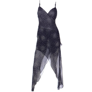 Ronit Zilkha 2001 Vintage Navy Blue Silk Dot Evening Dress Sheer