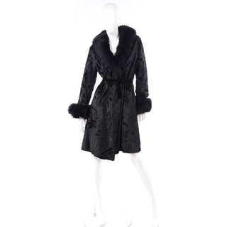 Lined Rosewin Vintage 1970s Crushed Velvet Black Faux Fur Coat