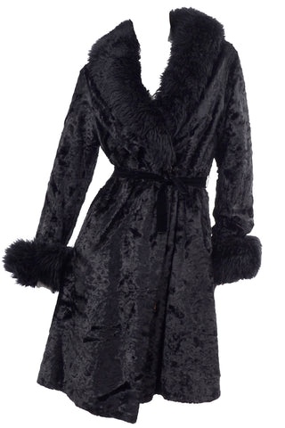 Rosewin Vintage 1970s Crushed Velvet Black Faux Fur Coat