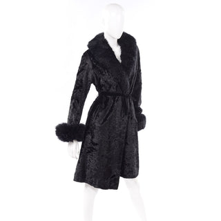 70s Rosewin Vintage 1970s Crushed Velvet Black Faux Fur Coat