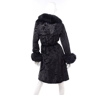 Rosewin Vintage 1970s Crushed Velvet Black Faux Fur Coat Big Cuffs