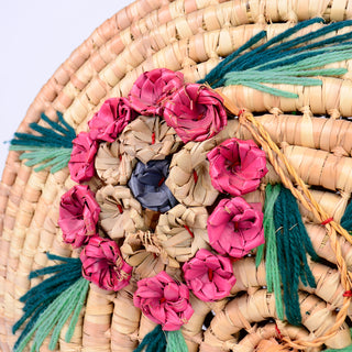 1960s Large Round Straw Handbag w/ Tropical Floral Embelishments