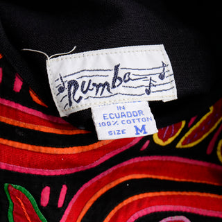 1960s Vintage Black Cotton Dress w/ Embroidery from Ecuador