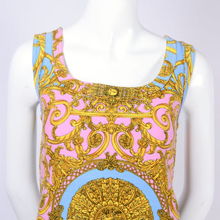 Gianni Versace Baroque gold print blue and pink pastel mini dress from early 1990's