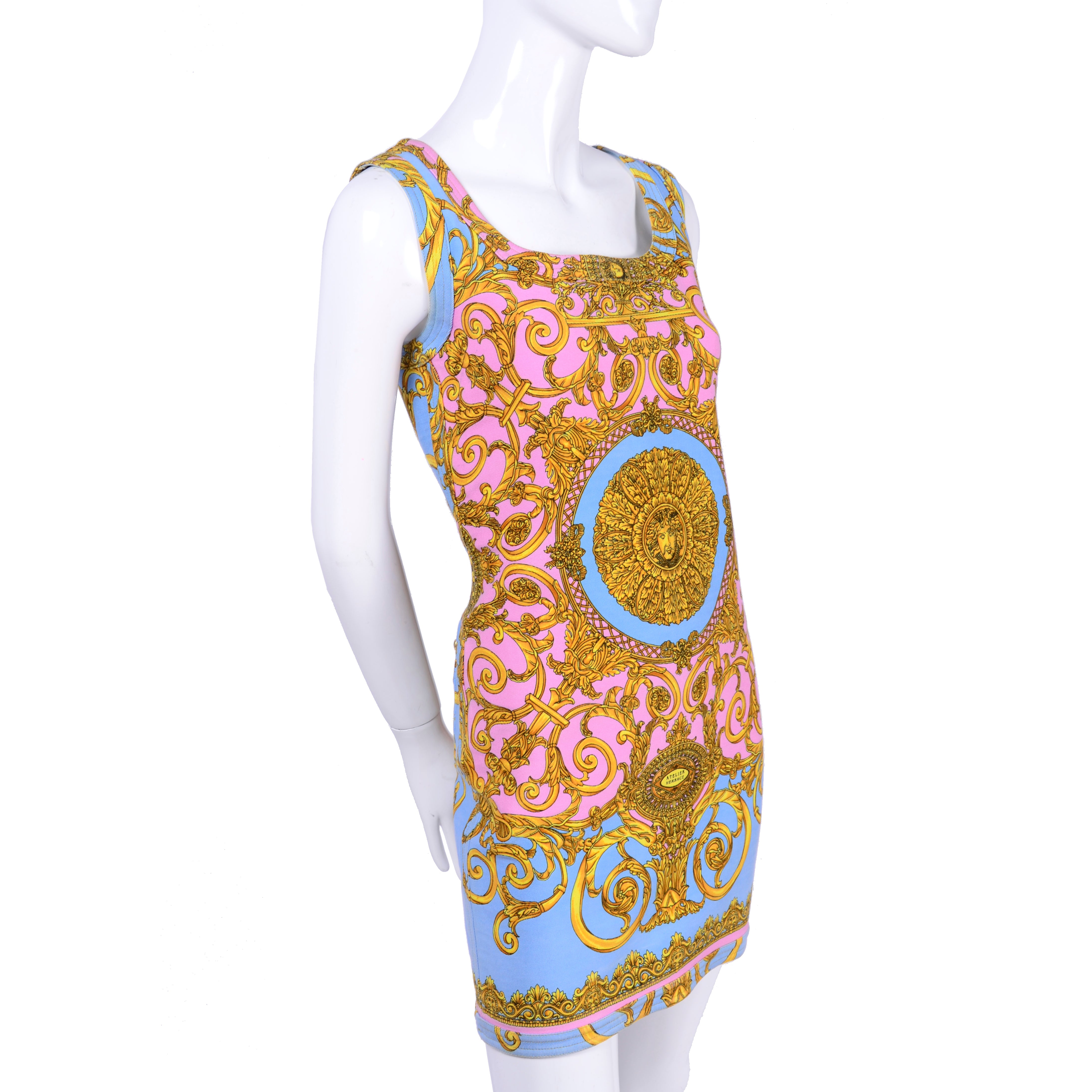 Early 1990's Versace Vintage Denim Mini Dress w/ Baroque Medusa Print Modig Early 1990's Versace Vintage Denim Mini Dress w/ Baroque Medusa Print Modig