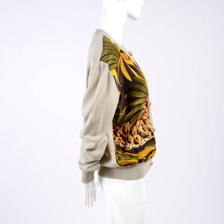 Salvatore Ferragamo Vintage Silk Scarf Print Cardigan Sweater W Animals & Leaves
