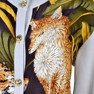 Salvatore Ferragamo Vintage Silk Scarf Print Cardigan Sweater W Animals & Leaves