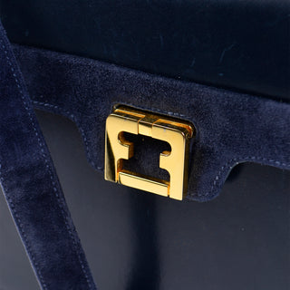 Salvatore Ferragamo Vintage Navy Blue Leather Shoulder Bag Gold FF - Modig