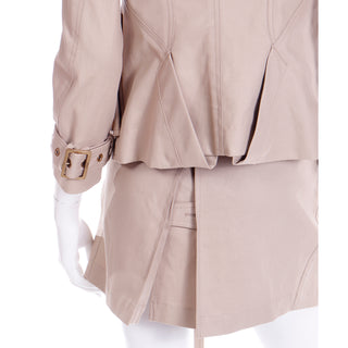 1990s Salvatore Ferragamo Vintage 2 Pc Skirt & Jacket Tan Suit Outfit w leather trim