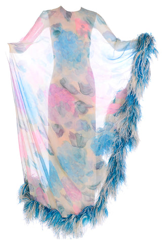 1960s Sarmi Vintage Blue & Pink Floral Silk Chiffon Dress w/ Blue Ostrich Feathers