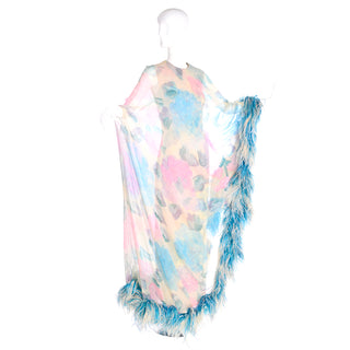 1960s Sarmi Vintage Blue & Pink Floral Silk Chiffon Dress w/ Blue Ostrich Feathers
