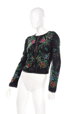 1980s Scala Black Silk Colorful Floral Beaded Holiday Jacket
