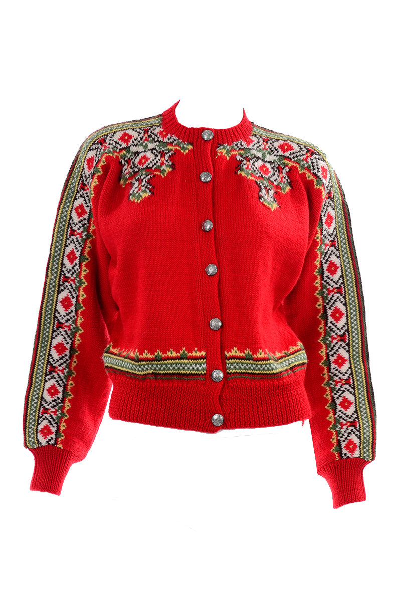 1960s Nordic Scandinavian Folk Sweater Red Wool Cardigan Medium – Modig