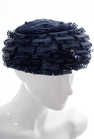 Schiaparelli navy blue vintage ruffled straw hat - Dressing Vintage