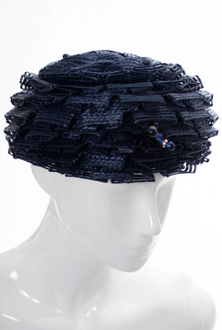 Schiaparelli navy blue vintage ruffled straw hat - Dressing Vintage