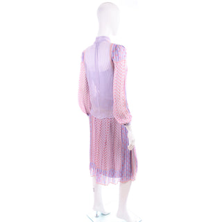 Designer Floral Scarf Print Silk Chiffon 3 Piece Day Dress w/ Neck Bow