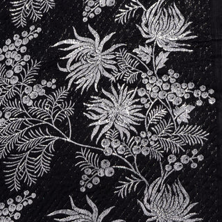 Large Vintage Black Wool Wrap w/ Silver Metallic Winter Floral Design