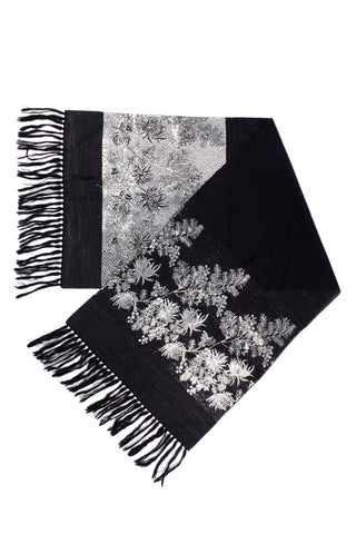 Large Vintage Black Wool Wrap w/ Silver Metallic Winter Floral Design