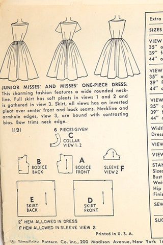 1955 Vintage Simplicity 1191 Uncut Full Gathered Skirt Dress Sewing Pattern