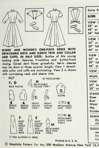 50s 1955 Simplicity 1427 Vintage Dress Pattern w Detachable Collar & Cuffs