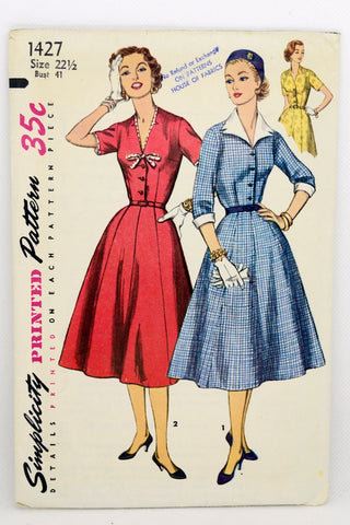 1955 Simplicity 1427 Vintage Dress Pattern w Detachable Collar & Cuffs 41 bust