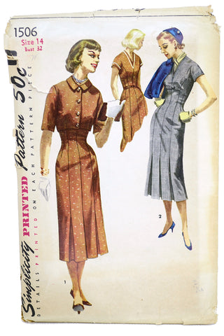 1956 Simplicity 1506 Vintage Sewing Pattern for Dress and Cropped Jacket 1950s