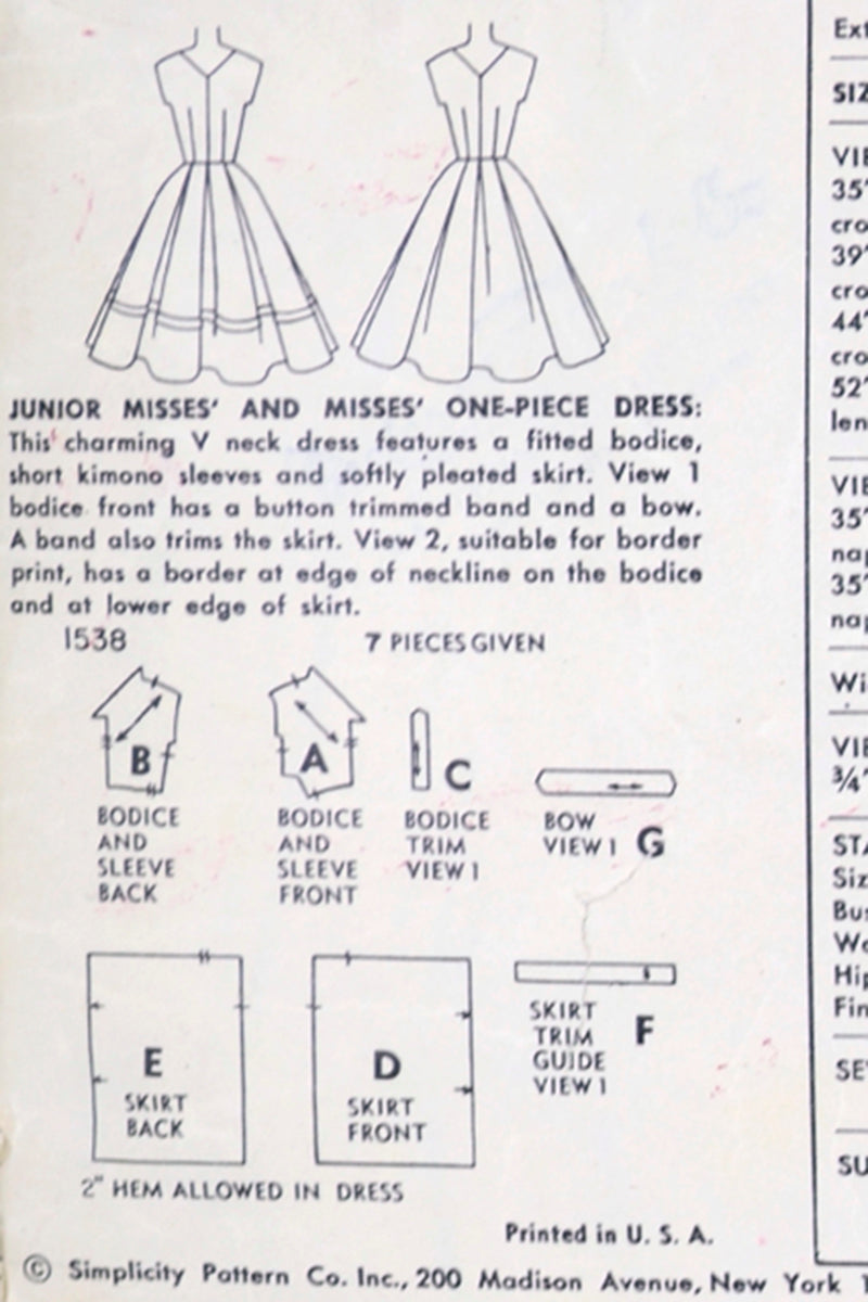 1950s Simplicity 1538 Vintage Sewing Pattern for Dress W Full Skirt Modig 1950s Simplicity 1538 Vintage Sewing Pattern for Dress W Full Skirt Modig